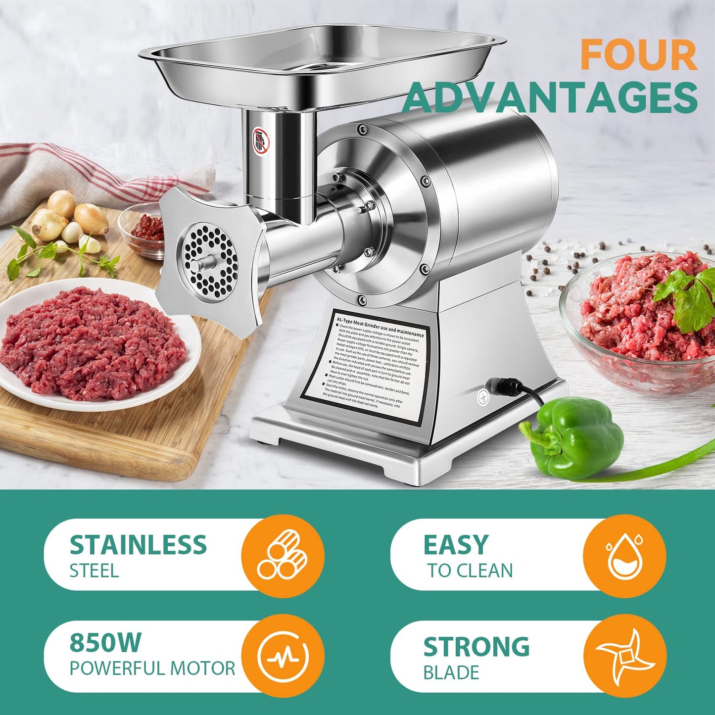 Newhai 850W Commercial Meat Grinder Electric Meat Grinding Machine Heavy Duty Industrial Meat Mincer Sausage Stuffer 6mm/8mm Plates Stuffing Tubes for Restaurant (110V US Plug)