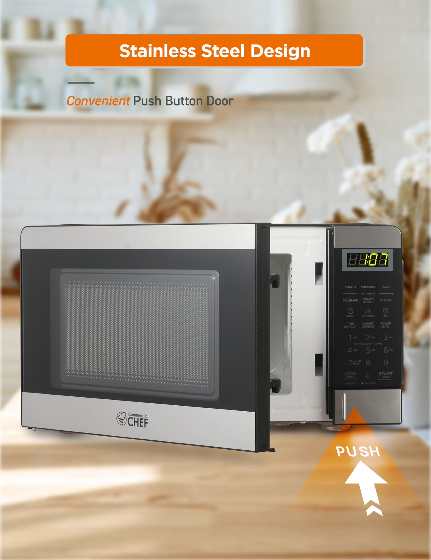 COMMERCIAL CHEF 0.7 Cubic Foot Microwave with 10 Power Levels, Small Microwave with Push Button, 700W Countertop Microwave up to 99 Minute Timer and Digital Display, Stainless Steel