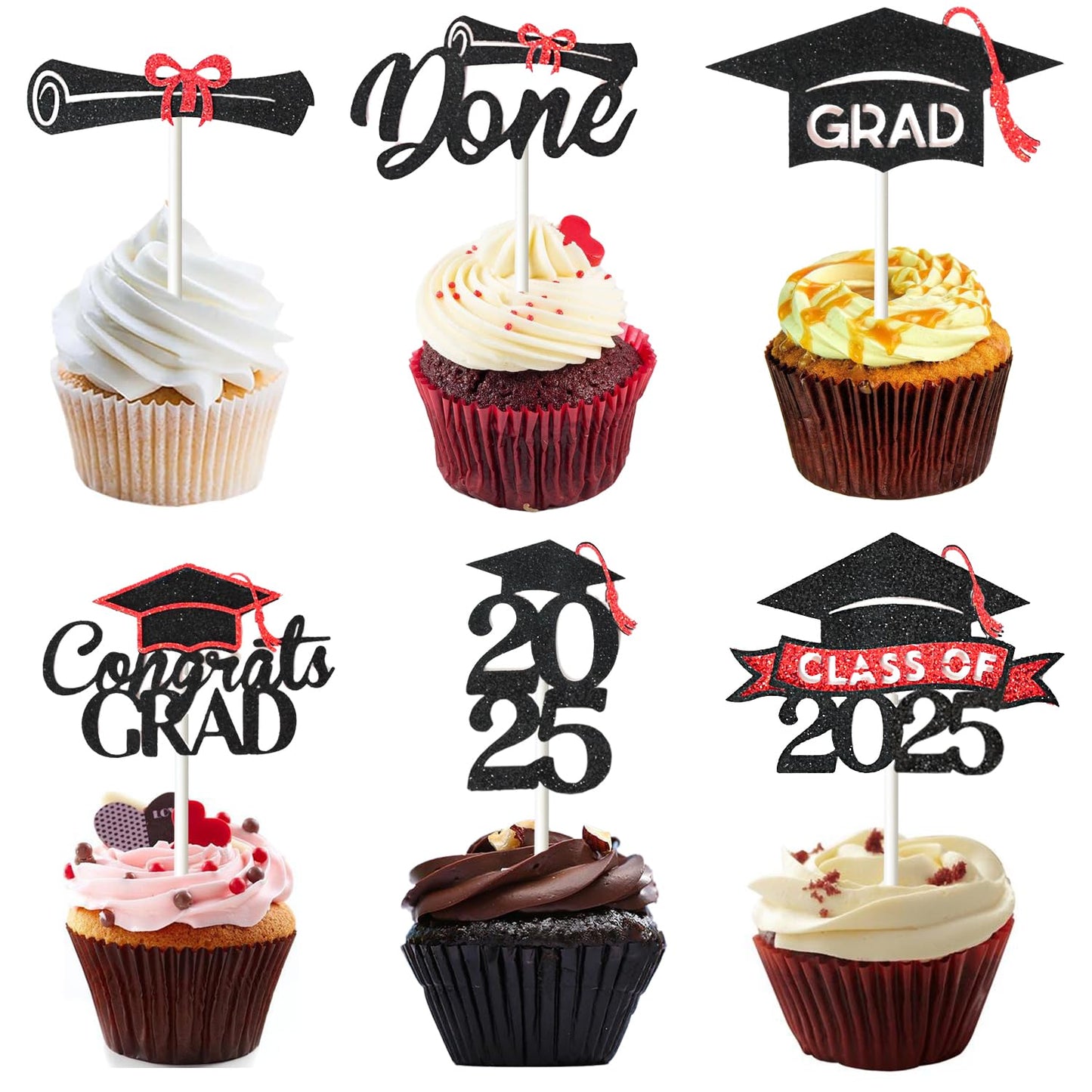 24 Pack 2025 Congrats Grad Cupcake Toppers Set, Glitter Graduation Cupcake Decor, Class of Cupcake Picks for Senior High School College Grad Party Decorations Supplies(Black with Gold) A