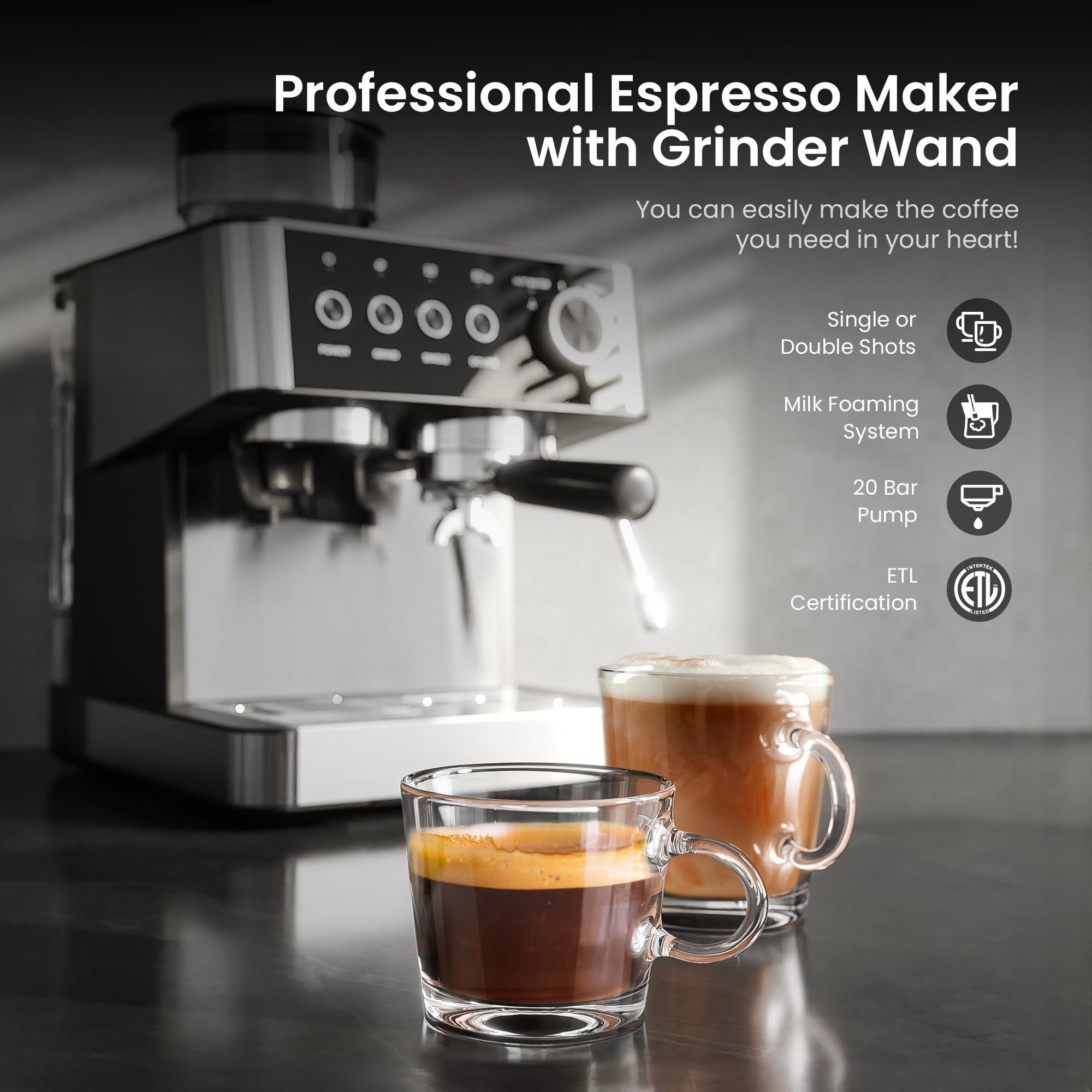 Ekspresy do kawy Kismile z młynkiem, 20-barowy profesjonalny ekspres do kawy z wyjmowanym zbiornikiem na wodę, dyszą spieniającą mleko do latte i cappuccino, idealne do domu/biura (CZARNY)