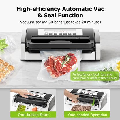 Bonsenkitchen Vacuum Sealer Machine, Globefish Technology for Perfect Vacuum Sealing, Powerful Low-Noise Food Vacuum Sealer with Easy Handle Design, Built-in Cutter and Bag Storage, 2 Bag Rolls