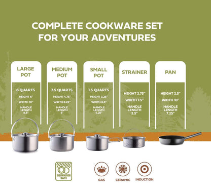 Camping Cookware Set 304 Stainless Steel 8-Piece Pots & Pans Open Fire Cooking Kit | Frying Pan Steamer with Travel Tote Bag | Compact for Outdoors & Indoors Kitchen Campfire Hiking RV