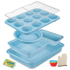 Baking Pans Set 6-Pieces, Non Stick Bakeware Set Stackable, with Cookie Sheet, Muffin, Round/Square Cake Pan, Loaf Pan, Rack, Oven Mitt for Home Baker, Gold