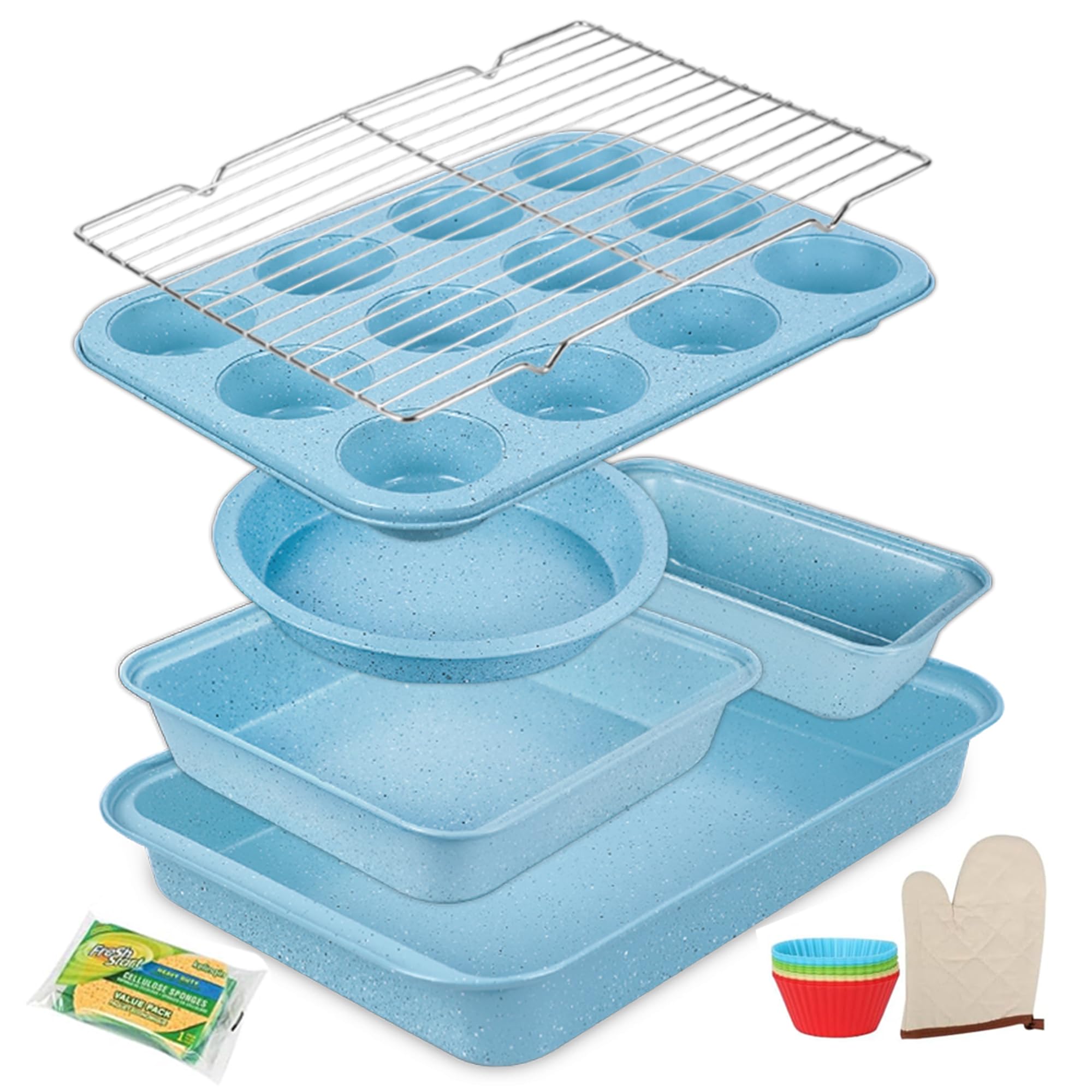 Baking Pans Set 6-Pieces, Non Stick Bakeware Set Stackable, with Cookie Sheet, Muffin, Round/Square Cake Pan, Loaf Pan, Rack, Oven Mitt for Home Baker, Gold