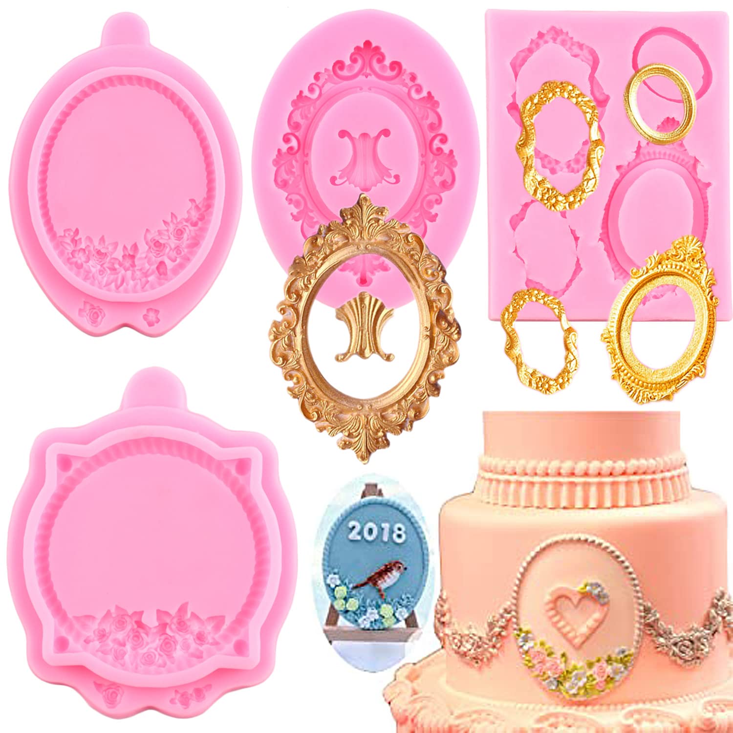 Mujiang Photo Frame Fondant Molds Picture Frames Silicone Mold Vintage Frame Molds For Cake Decorating Cupcake Topper Chocolate Candy Polymer Clay Set Of 4