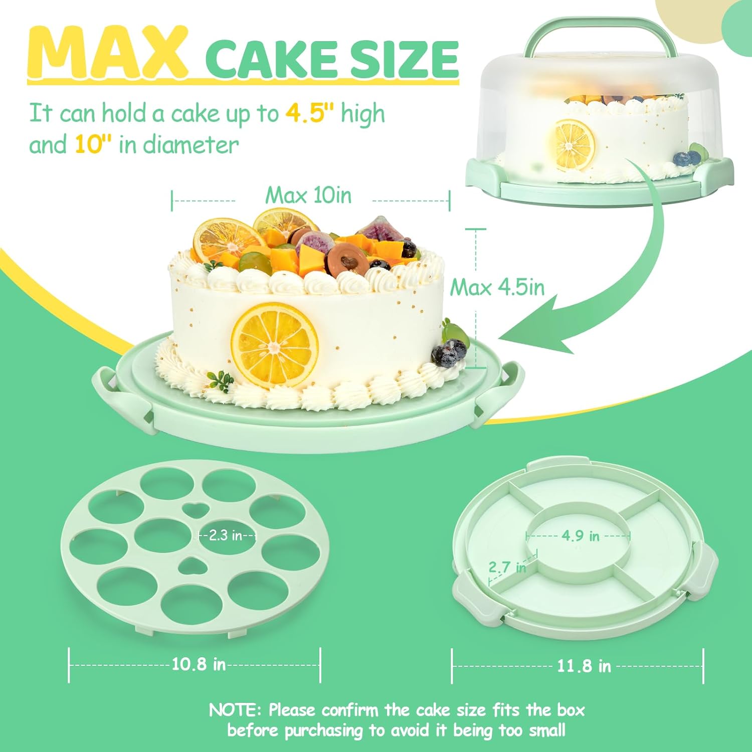 Ohuhu Cake Carrier with Lid and Handle, BPA-Free Cake Containers Cake Holder for 10 inch Cake with 2 Handles Cupcake Carrier - Plastic Cover Two Sided Base for Transport Pies Nuts Fruit Perfect Gifts