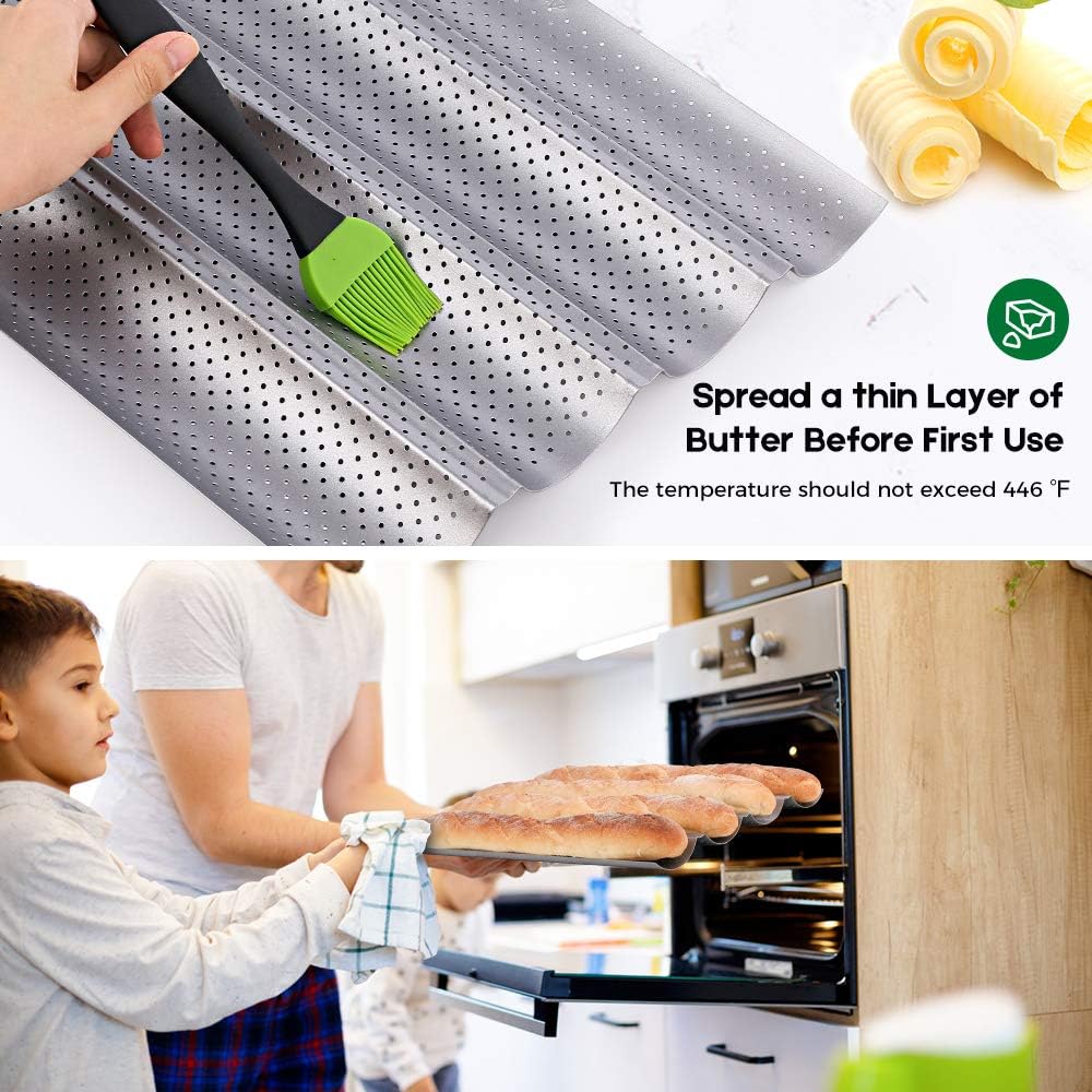 AMAGABELI GARDEN & HOME Baguette Bread Pan 15" x 13" Nonstick Perforated Baguette Tray French Bread Baking 4 Wave Loaf Bake Mold Toast Cooking Baker Molding Gutter Oven Toaster Dishwasher Safe Silver