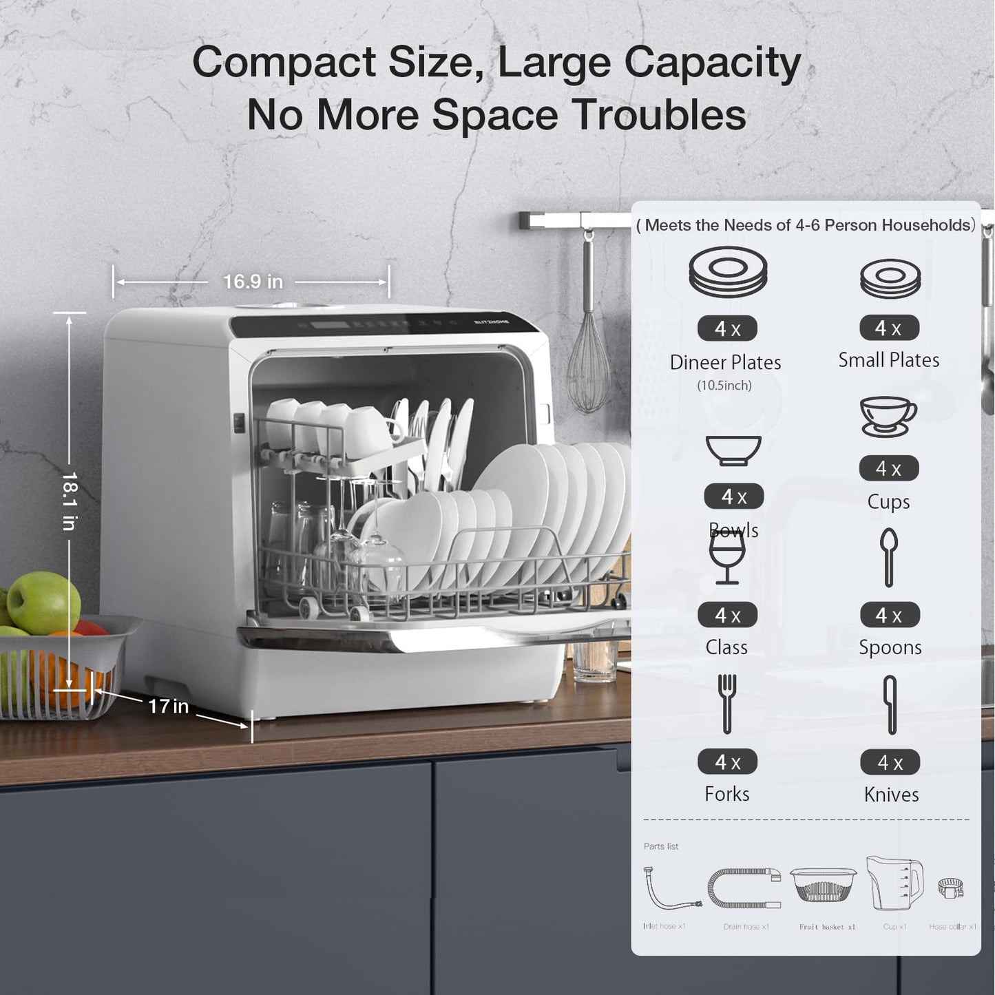 BLITZHOME Portable Dishwasher Countertop, WIFI Smart Dishwasher, Compact Dishwashers with 5L Built-in Water Tank, 6 Programs, 360° Dual Spray, High-Temp& Air-Dry Function, Fruit Cleaning