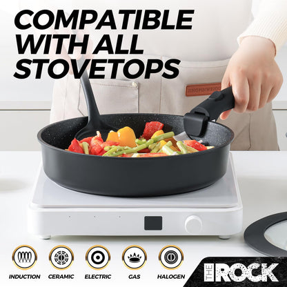 THE ROCK SMART SPACE 16pc Nonstick Pots and Pans Set with ROCK.TEC, Stackable Cookware Set with Detachable Handles, Scratch/Stain/Crack Proof, Induction Ready, Oven & Dishwasher Safe, PFOA-Free, Black