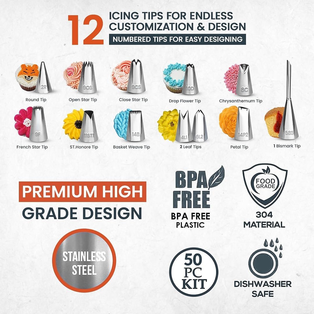 RFAQK 50PCs Cake Decorating Supplies Kit with 12" Aluminum Rotating Cake Turntable Stand, Professional Leveler, Straight & Offset Spatulas, 12 Numbered Icing Tips & Bags