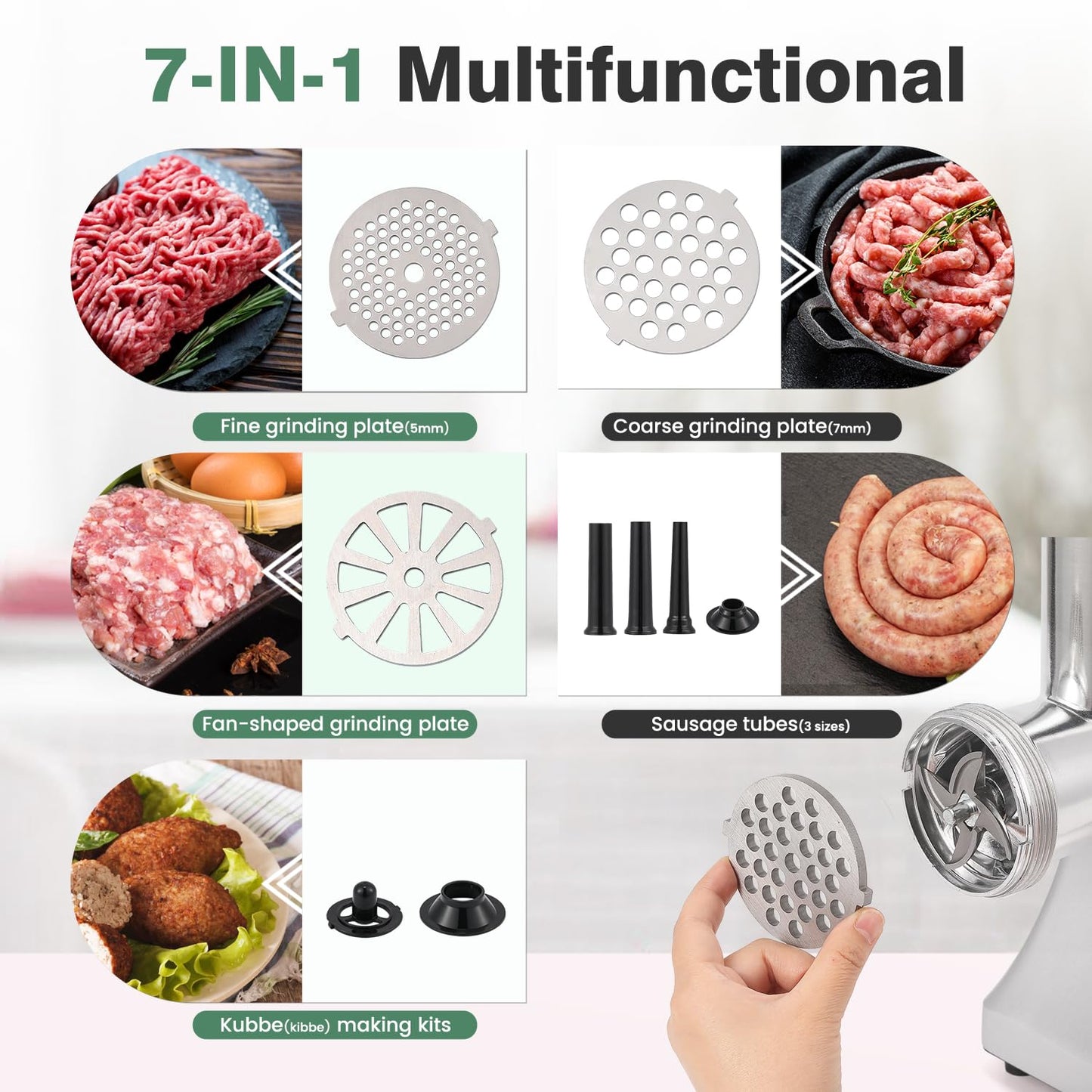 Huanyu Meat Grinder Electric 2800W Max Meats Mincer with Stainless Steel Blade&3 Plates, 3 Sausage Stuffers, Kubbe Kits Heavy Duty Food Grinding Machine for Home Kitchen & Commercial Using