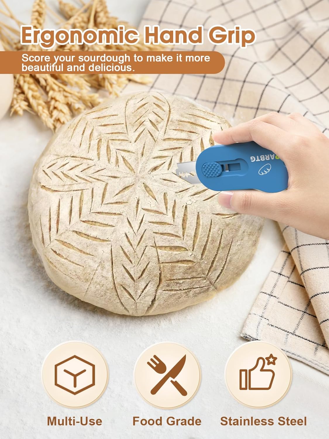 Bread Lame Dough Scoring Tool, Extractable & Magnetic Sourdough Scoring Tool for Sourdough Bread Baking, Bread Making, Bread Scoring Tool with 5 Razor Blades, Scoring Patterns booklet, Blue