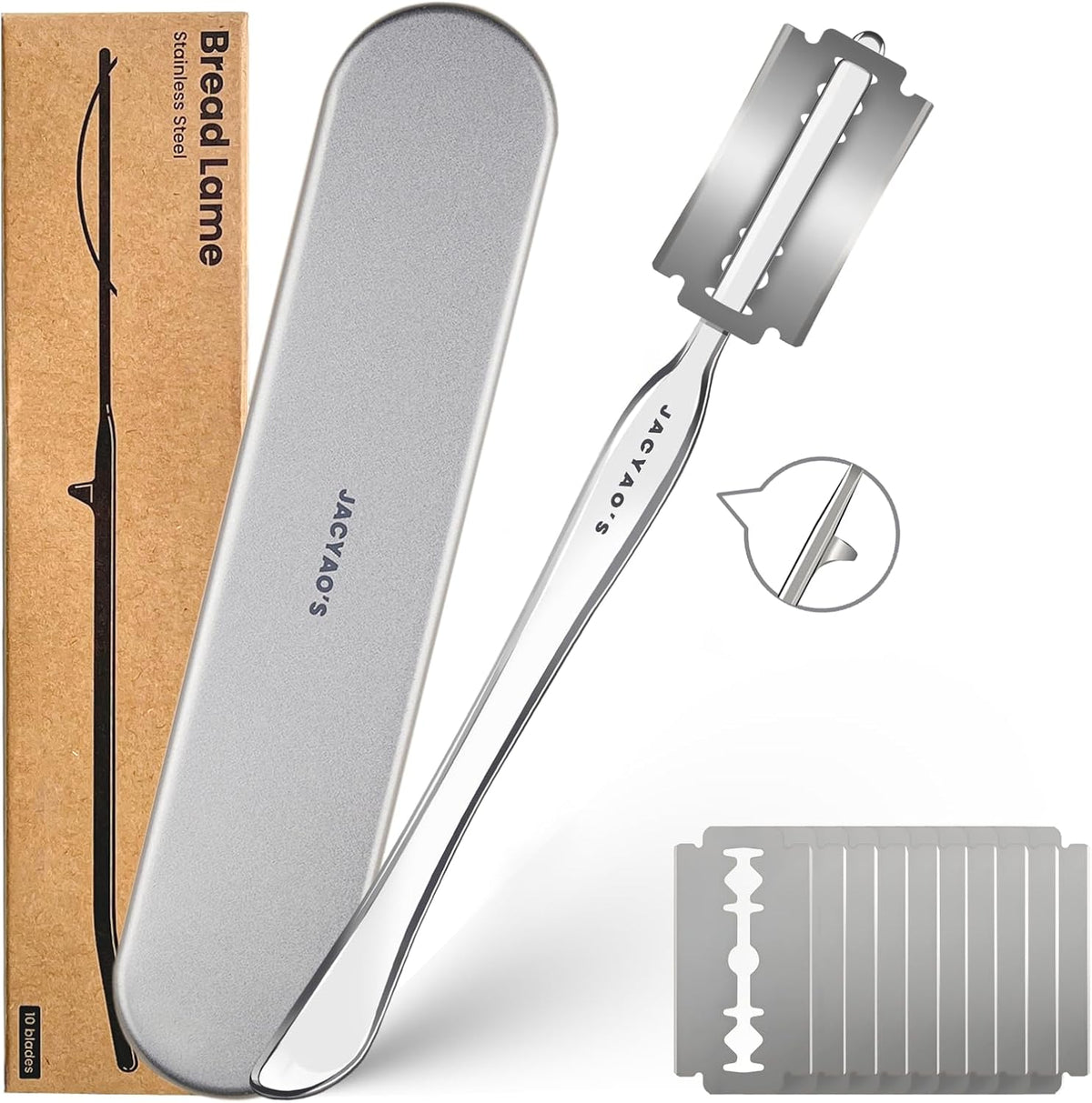 JACYAO'S Bread Lame, Sourdough Scoring Tool Made From 304 Stainless Steel, Professional Bread Scoring Tool with 10 Razor Blades and Metal Storage Box