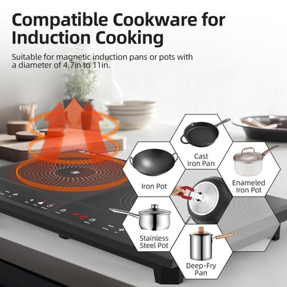 Waatfeet Double Induction Cooktop,Portable Induction Cooker with 2 Burner Independent Control,Ultrathin Body,10 Temperature,1800W-Multiple Power Levels,3 Hour Timer,Safety Lock