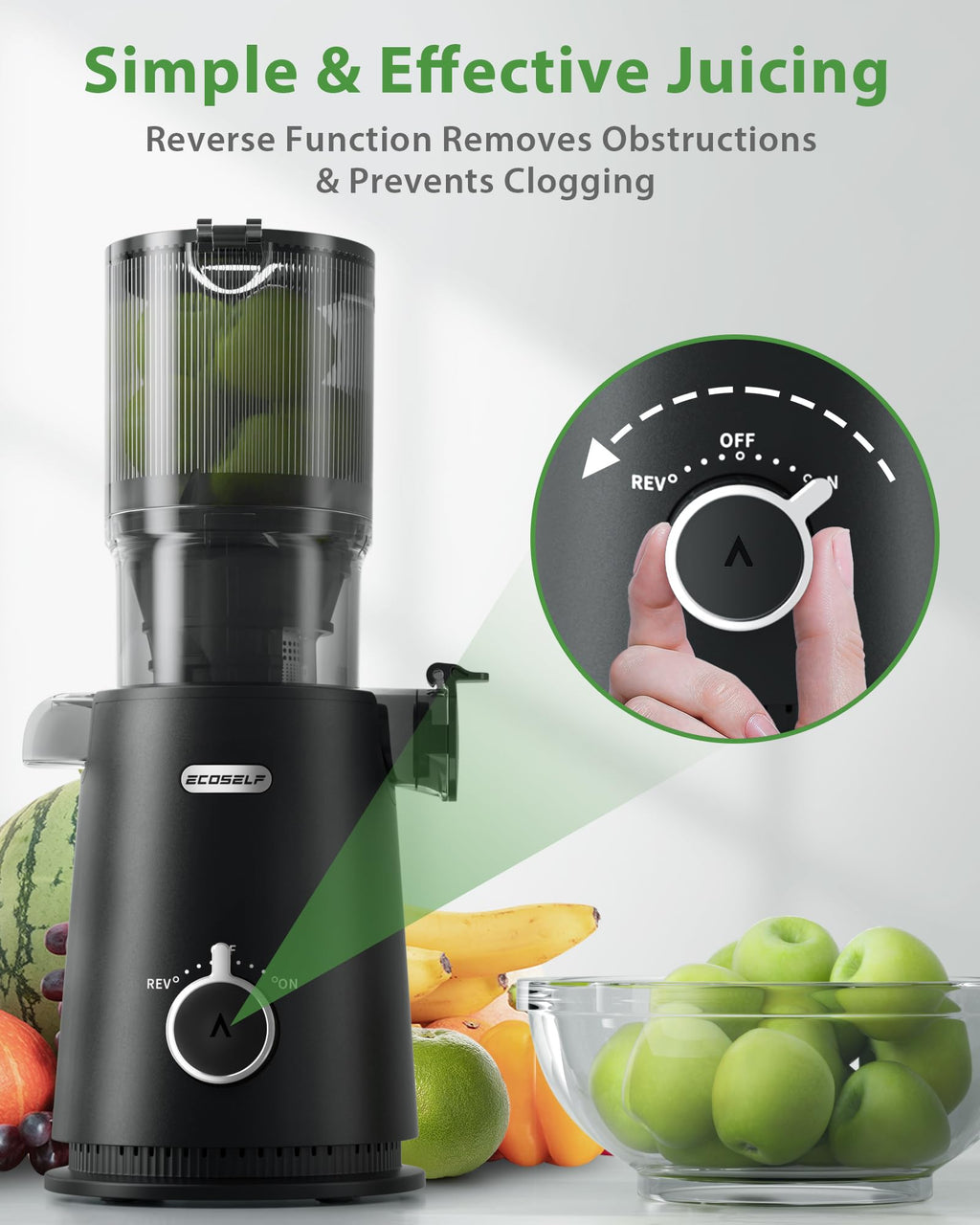 Juicer Machines, ECOSELF Cold Press Juicer with 4.35" Large Feed Chute Fit Whole Fruits and Vegetables, Juice Extractor Self Feeding Effortless for Batch Juicing, Easy to Clean, High Juice Yield