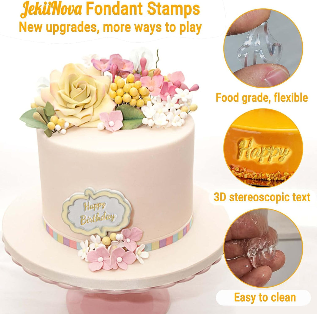 4PCS Alphabet Cake Stamps Tool with Brushes for Fondant Cookie Biscuit, Pretty Handwriting Food Grade Fondant Letter Stamp Uppercase Lowercase Numbers Words Reusable Cookie Stamp for Christmas Party
