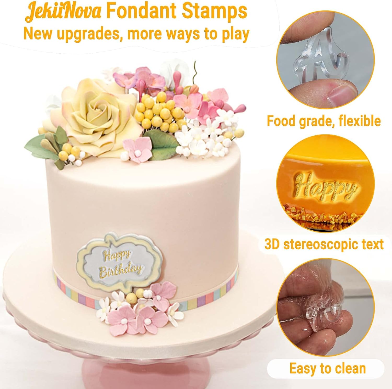 4PCS Alphabet Cake Stamps Tool with Brushes for Fondant Cookie Biscuit, Pretty Handwriting Food Grade Fondant Letter Stamp Uppercase Lowercase Numbers Words Reusable Cookie Stamp for Christmas Party