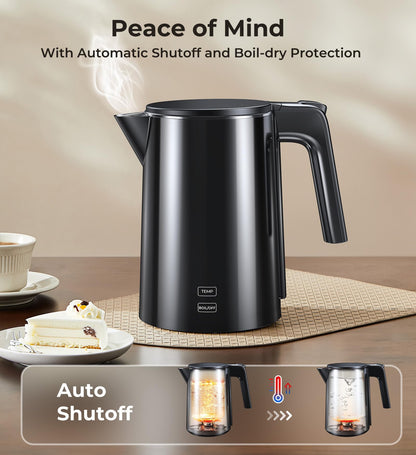 Electric Kettle, Double Wall Stainless Steel Cool Touch Water Boiler Heater, 7 Temperature Control Teapot, 4H Keep Warm, 1.0L 1200W Fast Heat with Auto Shut-Off, Boil-Dry Proof Coffee Tea Pot, Black