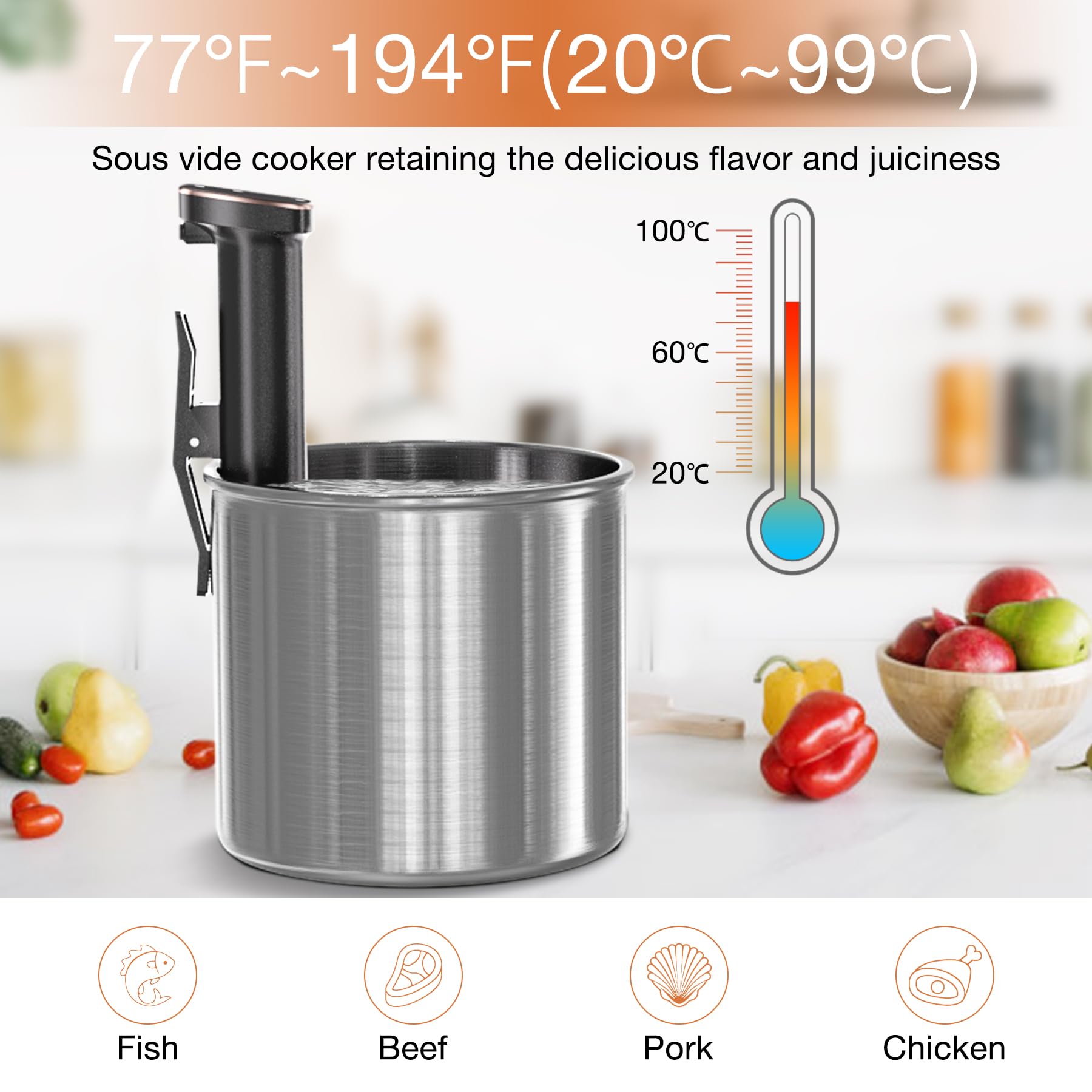 Maszyna Sous Vide, Urządzenie Sous Vide Cooker 1100 W Sous Vide Precyzyjna maszyna, Ultra cicha praca, Dokładna temperatura, Cyrkulator zanurzeniowy, Wodoodporność IPX7, Sterowanie dotykowe, Cyfrowy timer, Szybkie nagrzewanie