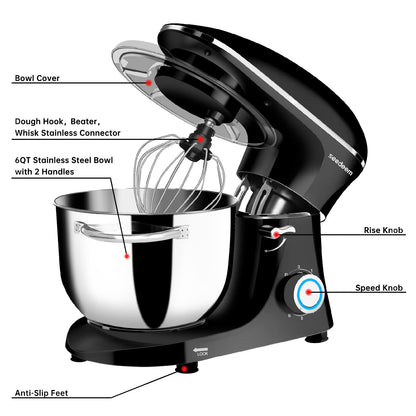 Seedeem Stand Mixer, 6Qt Electric Food Mixer, 660W 6-Speeds Tilt-Head Dough Mixers with Dishwasher-Safe Dough Hook, Wire Whip & Beater for Daily Use, Black