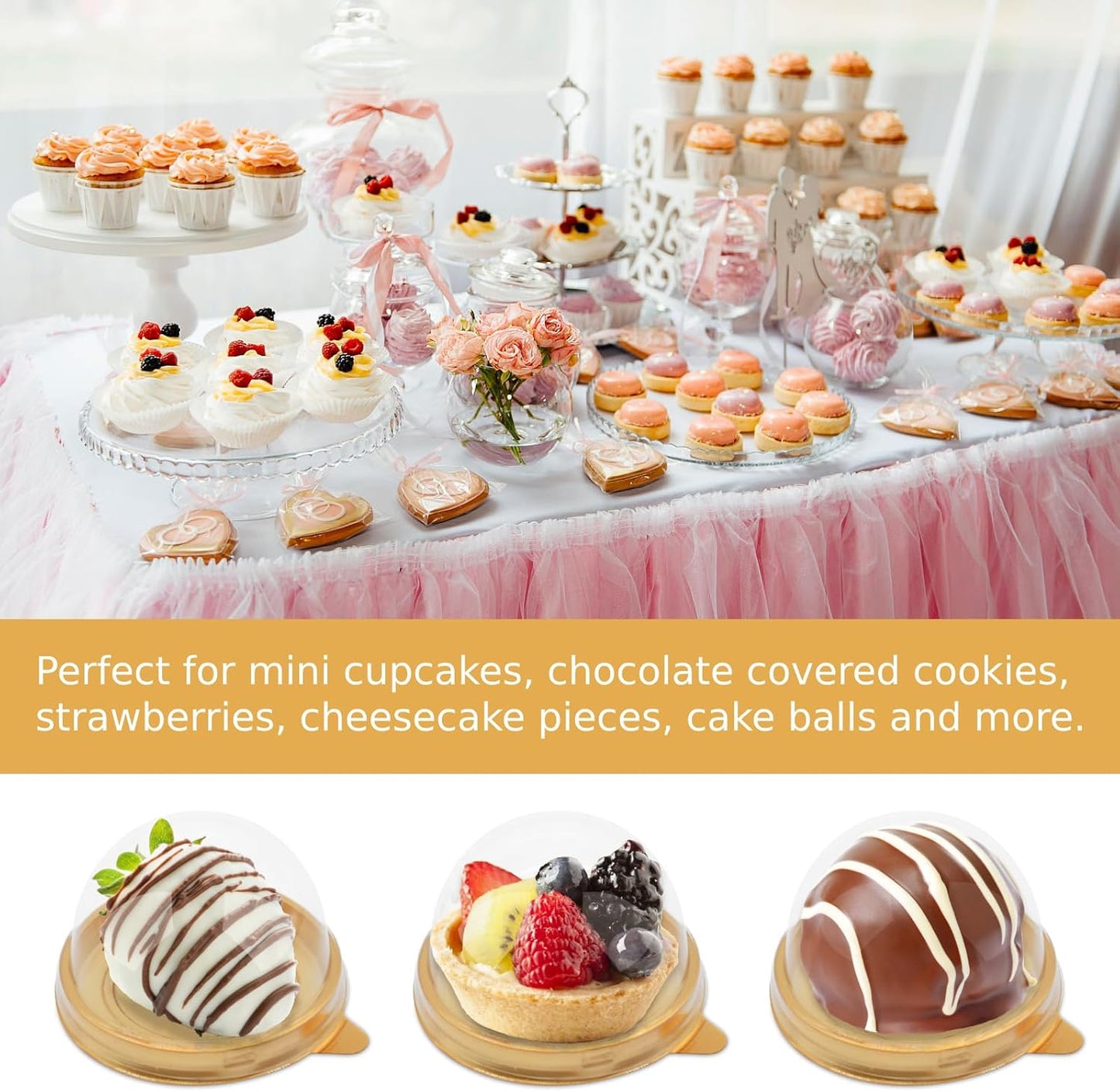 Zezzxu 50 Pack Mini Bundt Cake Containers, Clear Plastic Small Cupcake Boxes with Dome Lids for Individual Chocolate Covered Cookies, Strawberry, Mooncake (Gold)