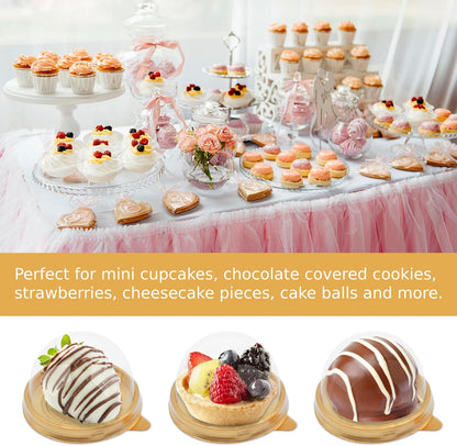Zezzxu 50 Pack Mini Bundt Cake Containers, Clear Plastic Small Cupcake Boxes with Dome Lids for Individual Chocolate Covered Cookies, Strawberry, Mooncake (Gold)