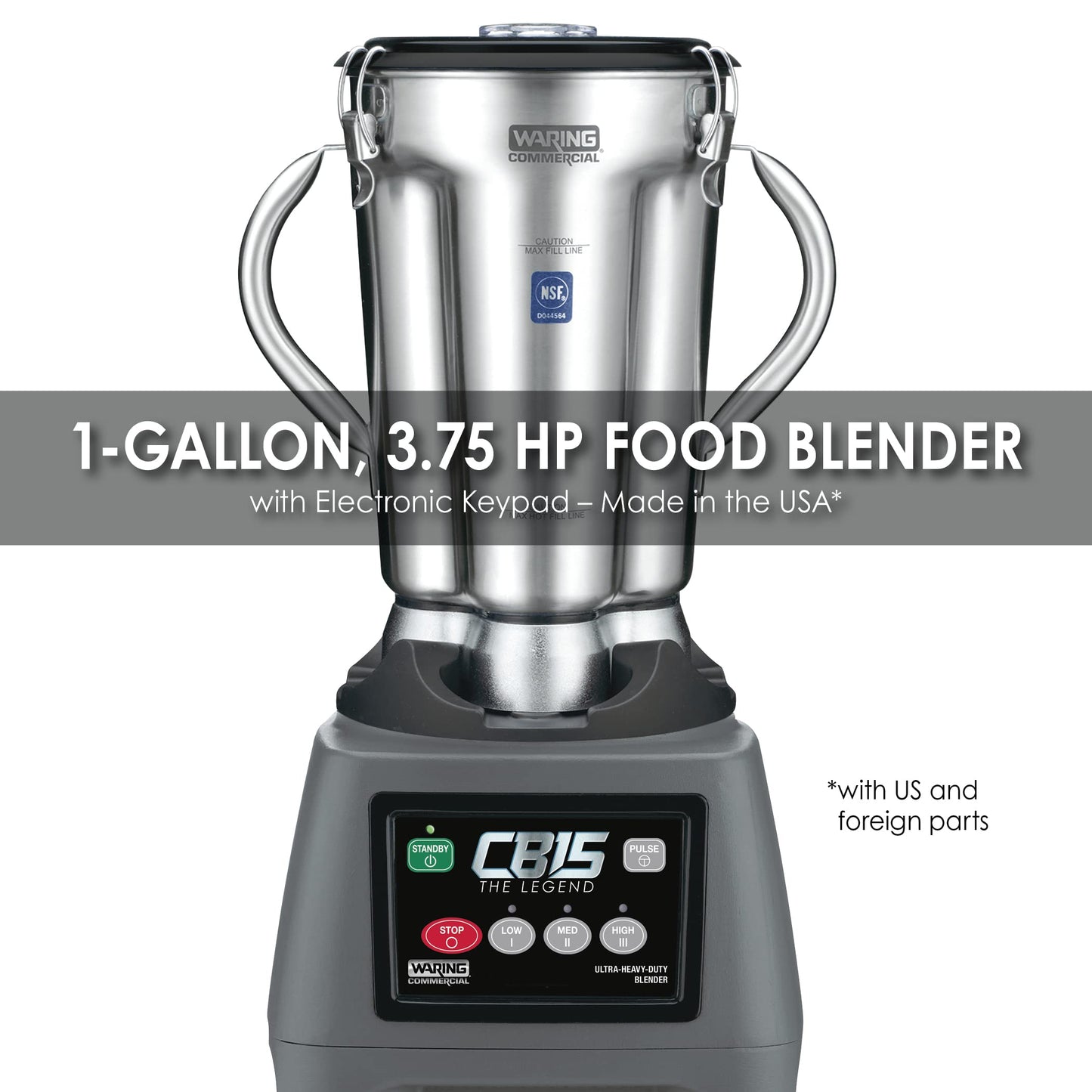 Waring Commercial CB15 Ultra Heavy Duty 3.75 HP Blender, Electric Touchpad Controls with Stainless Steel 1 Gallon Container, 120V, 5-15 Phase Plug,Black