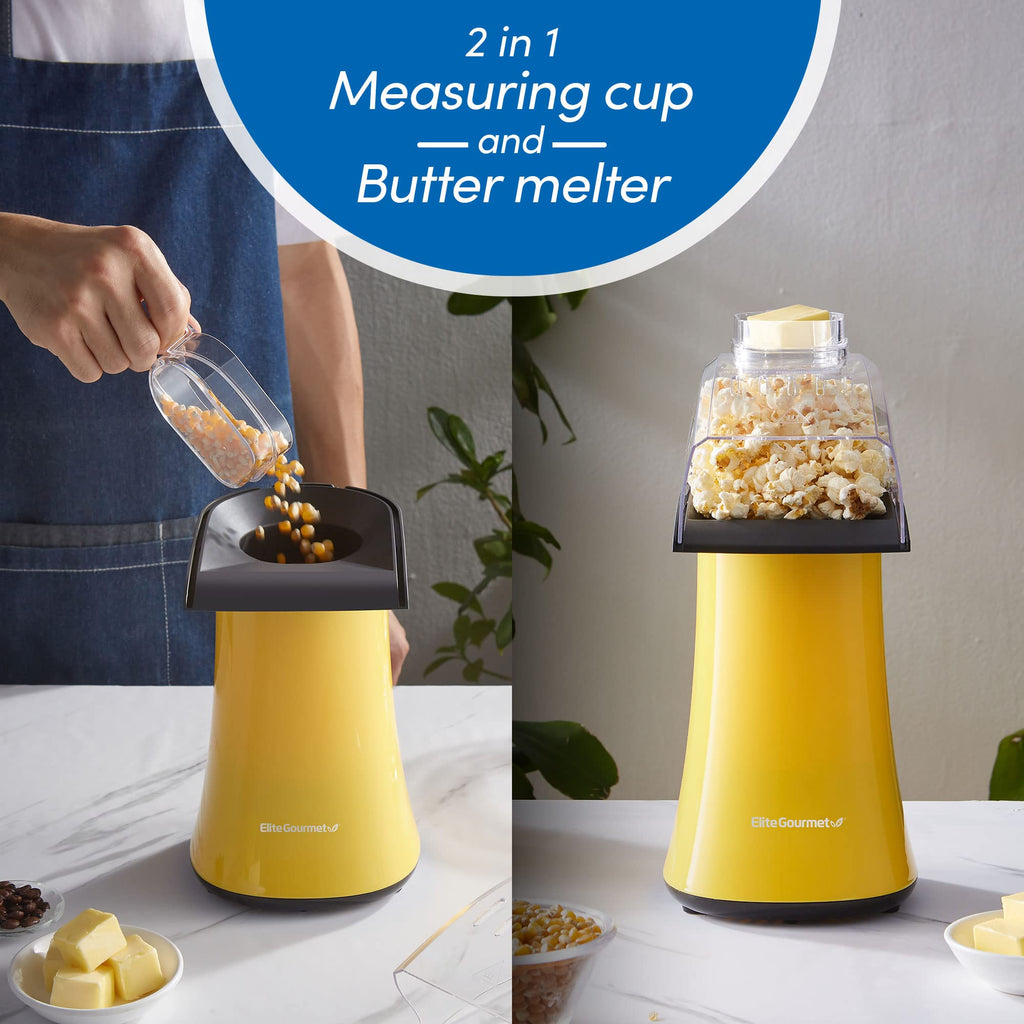 Elite Gourmet Fast Hot Air Popcorn Popper, 1300 W elektryczny popcorn Maker z miarką i tacką do topienia masła, bezolejowy, idealny na domowe przyjęcia dla dzieci, bezpieczeństwo zatwierdzone przez ETL, 4 kwarty, żółty
