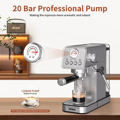 YASHE Espresso Machines 20 Bar, Upgraded 1350W Espresso Maker with Milk Frother Steam Wand and 37.2oz Removable Water Tank, Semi-Automatic Steam Espresso Coffee Maker, Cappuccino Machine for Home