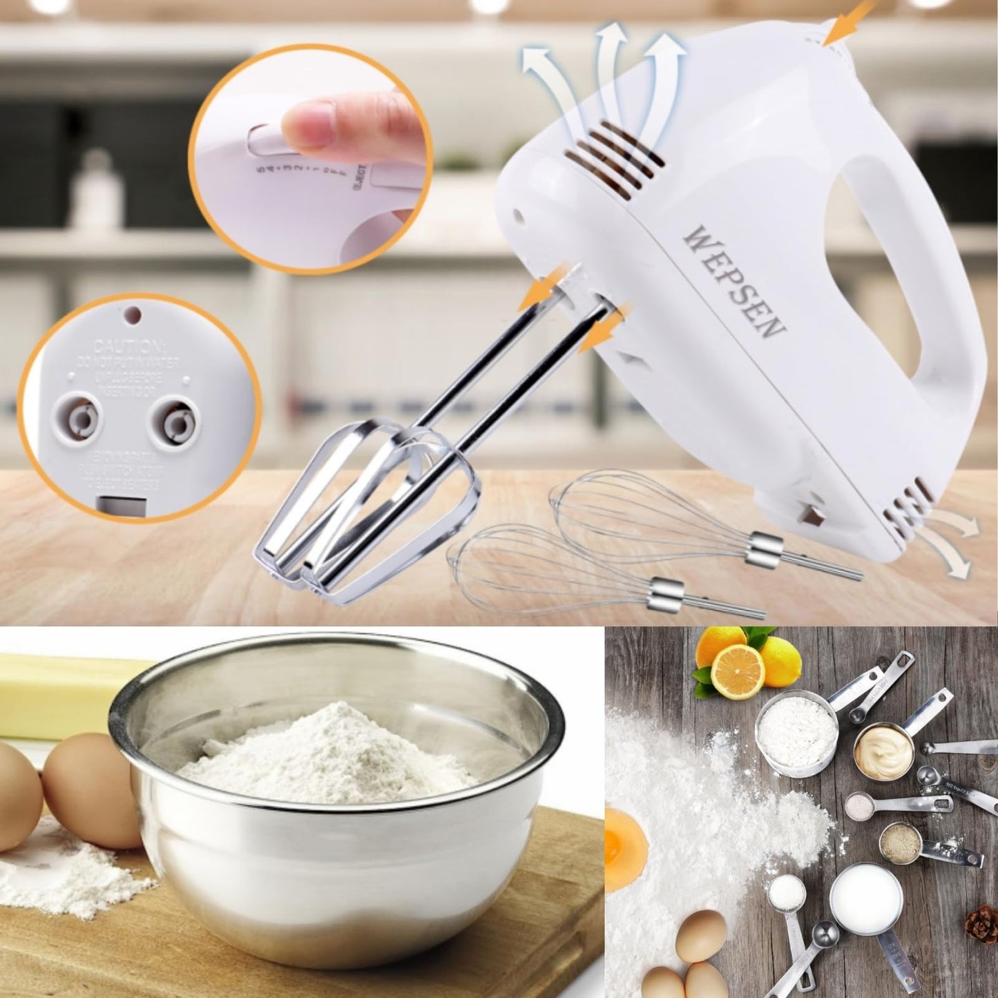 WEPSEN 5-Speed Electric Hand Mixer, 4 Large Mixing Bowls Set, Handheld Mixers with Whisks Beater, Stainless Steel Metal Nesting Bowl Measuring Cups Spoons Kitchen Cake Blender for Baking Supplies