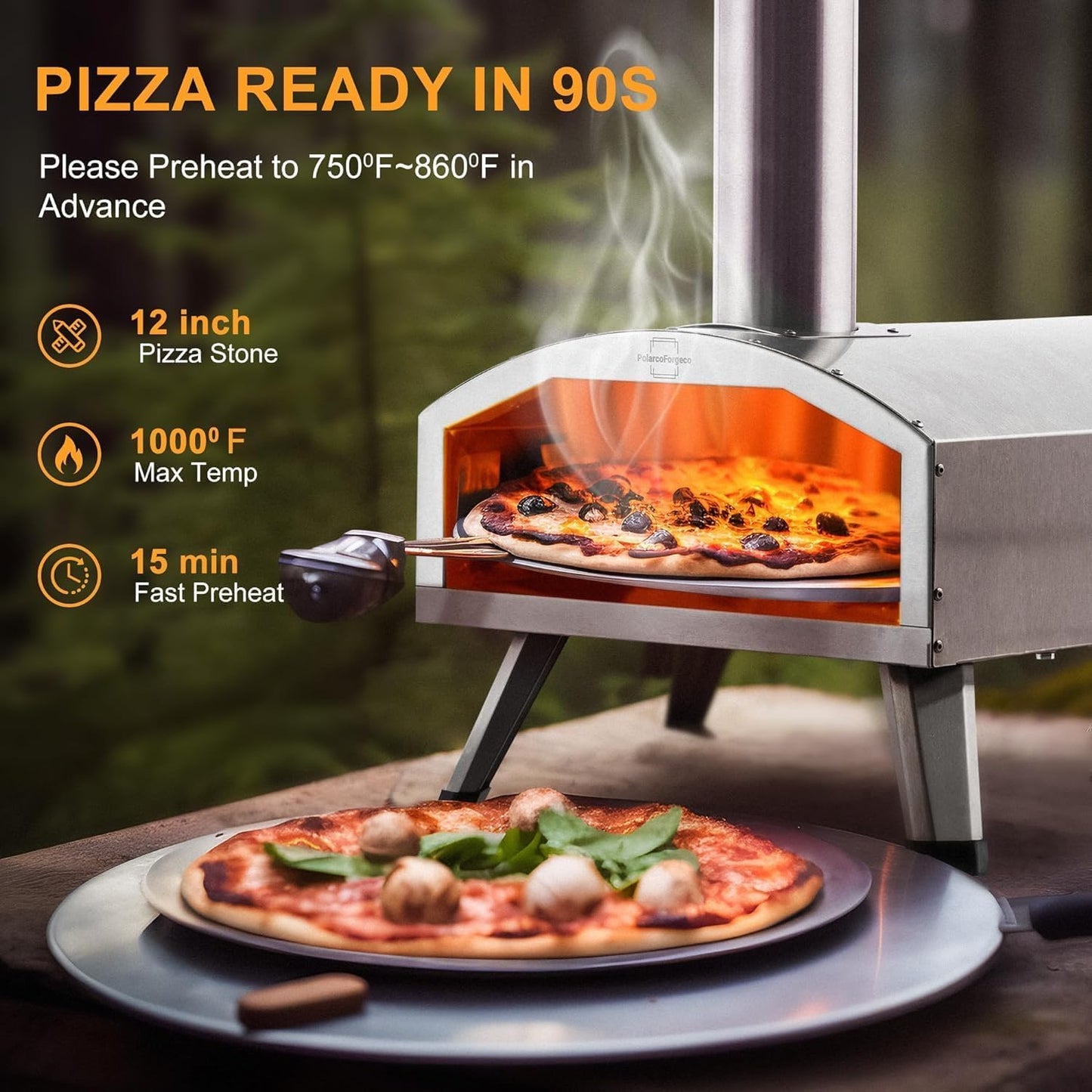 12” Portable Wood Fired Pizza Oven - Stainless Steel Pellet Pizza Stove for Outdoor Cooking, Backyard & Camping