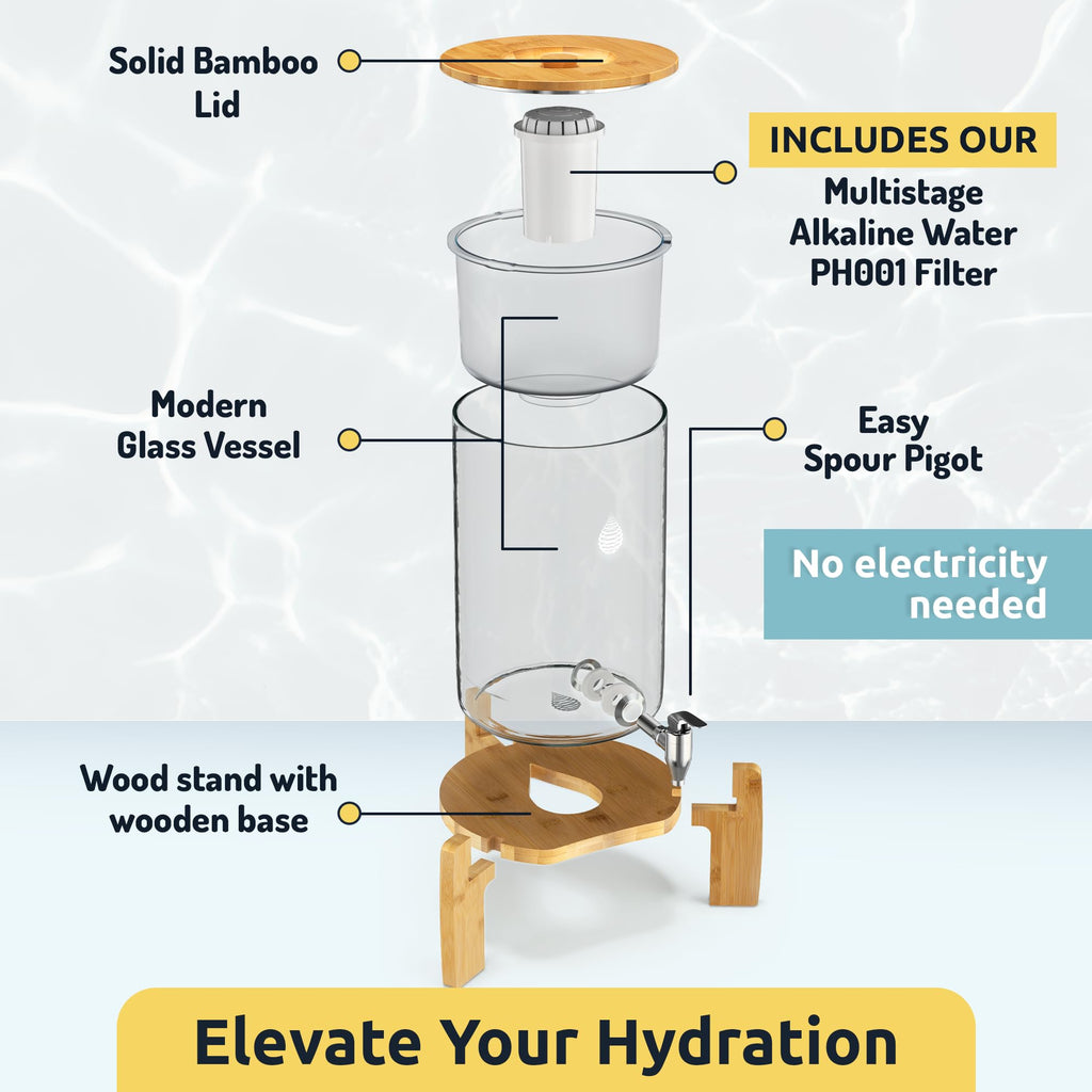 Invigorated Water pH Recharge Alkaline Water Filter Dispenser – BPA-Free Glass Countertop Water Filter Pitcher Purifier for Home & Office, 36-Cup Capacity, 360L Long Filter Life (Bamboo Classic)