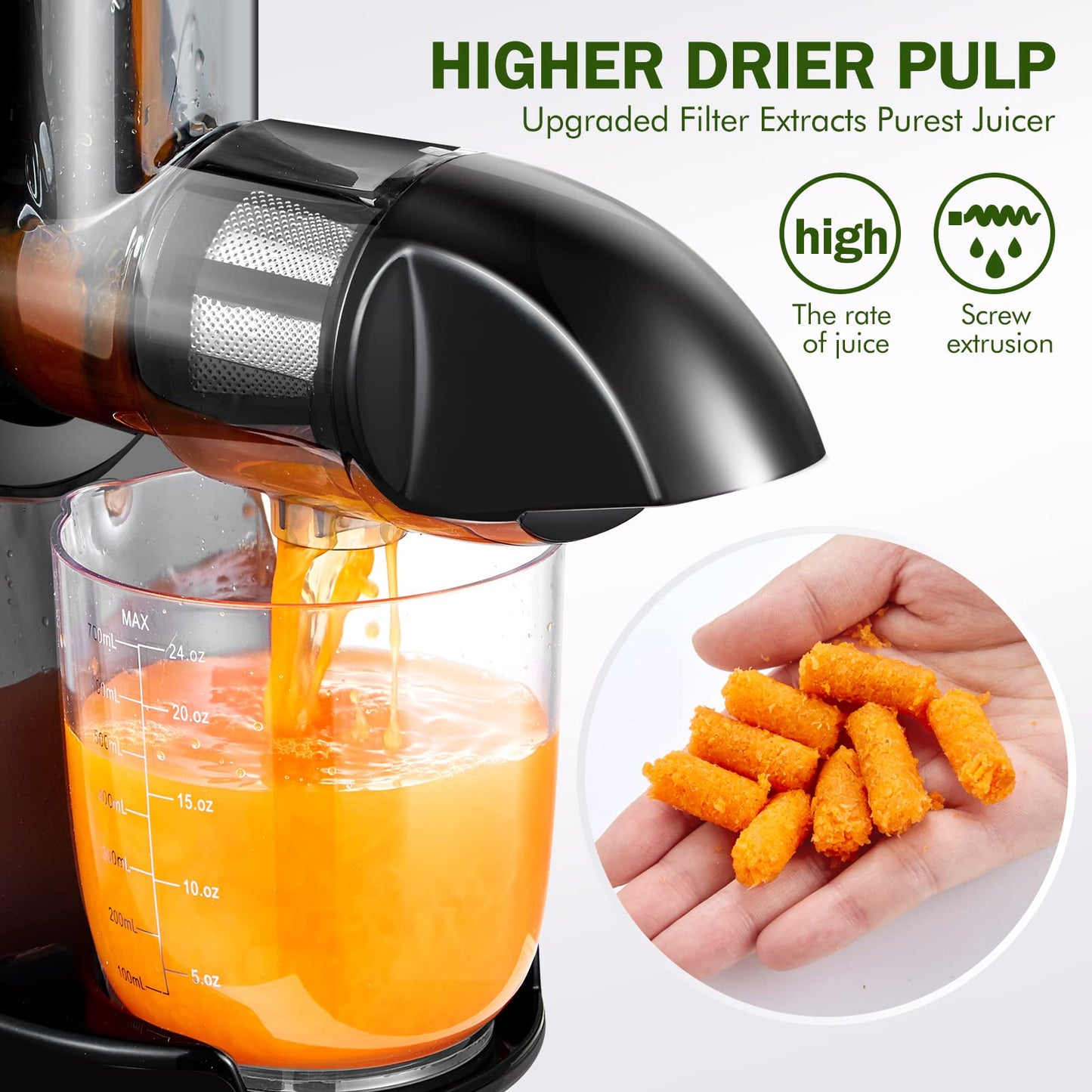 Cold Press Juicer Machines, AMZCHEF Slow Masticating Juicer with Reverse Function, High Juice Yield, Easy Clean with Brush,Recipes for High Nutrient Fruits and Vegetables, Black(Updated)