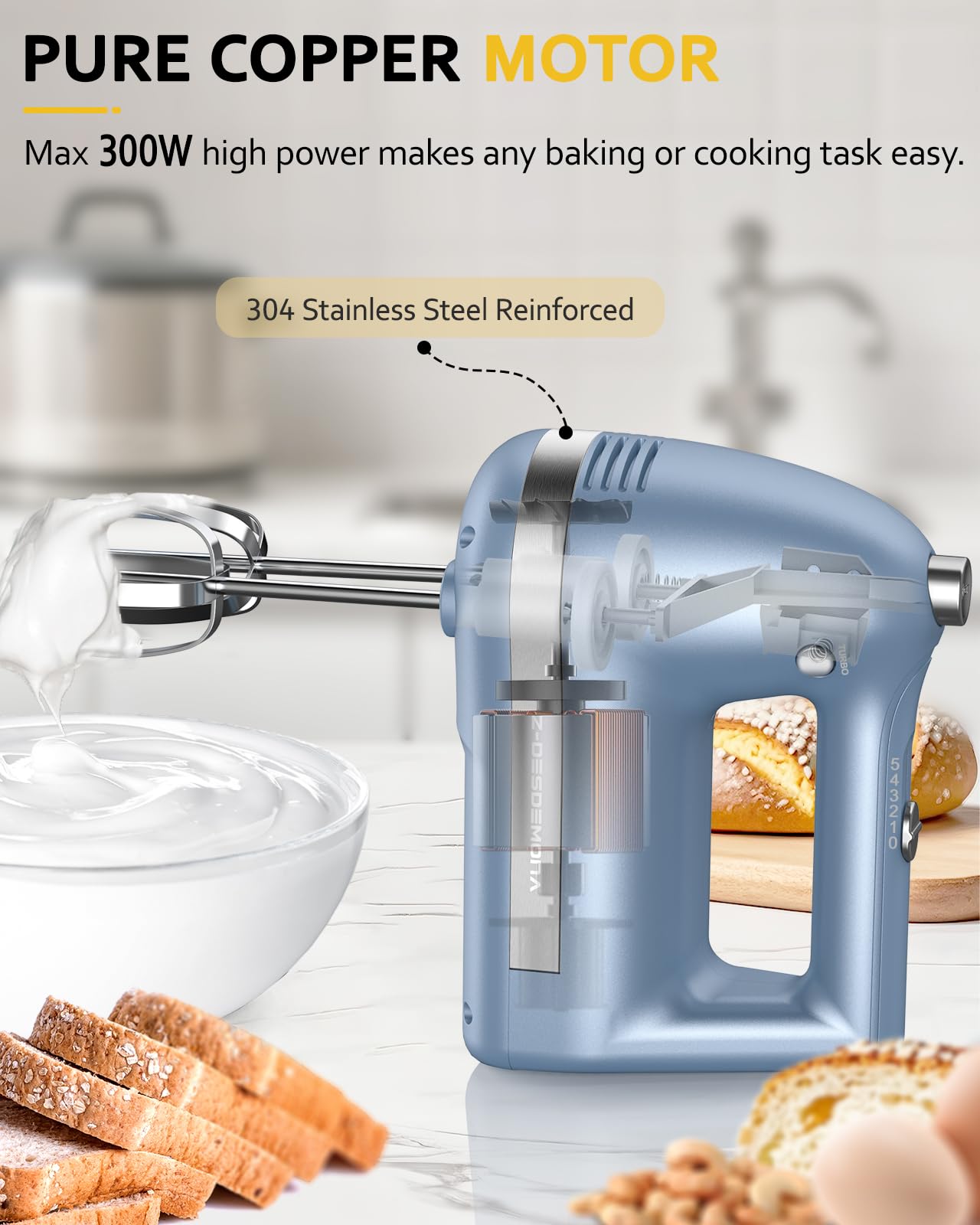 Z-DESDEMONA Electric Hand Mixer, Powerful 300W Hand Mixer Electric Handheld with 304 Beaters, Dough Hook, Hand Held Mixer with Turbo for Baking Cakes, Eggs, Cream Food(Blue)