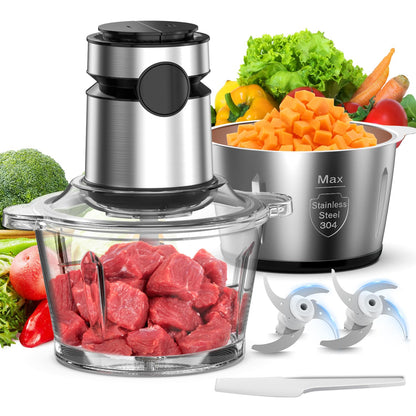 Electric Food Processor Chopper Meat Grinder - 8 Cup Veggie Chopper with 2 Bowls, 2-Speed, Bi-Level Blades, vegetable cutter For Vegetable, Nuts, Onion, Garlic, Baby Food & Family Use