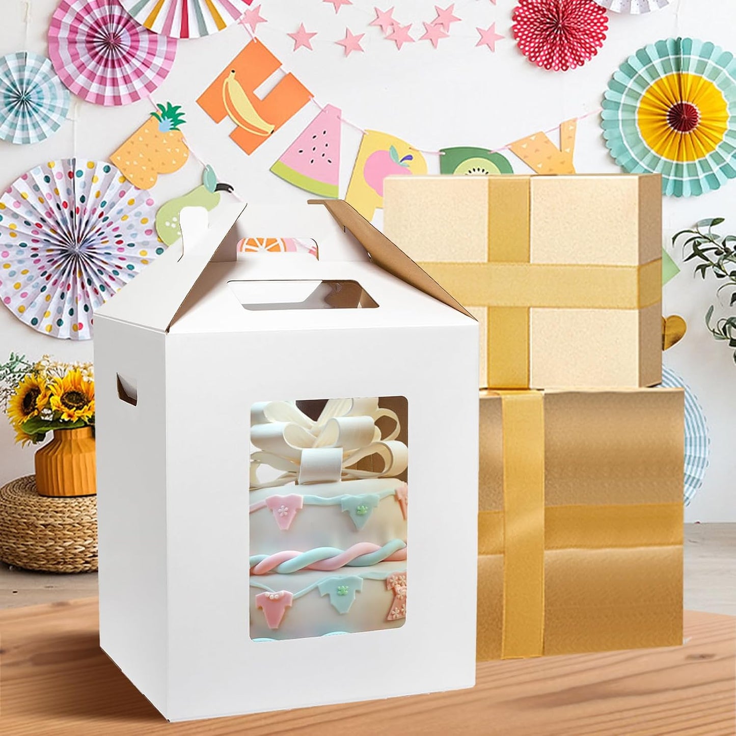 3 Pack Tall Cake Boxes for Tier Cakes 12x12x14 Inch Disposable Layer Tall Baking Carrier with Window Large Tierd Bakery Take Out Transport Containers with Handle for Wedding, Birthday, Party