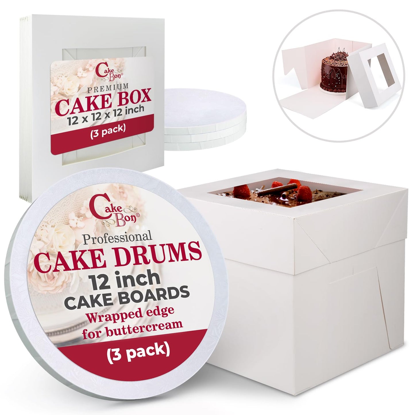 Cakebon Cake Boxes with Boards - 10 Inch Round Cake Drum White (1-pack) - Box With Window for Birthdays, Weddings and Parties