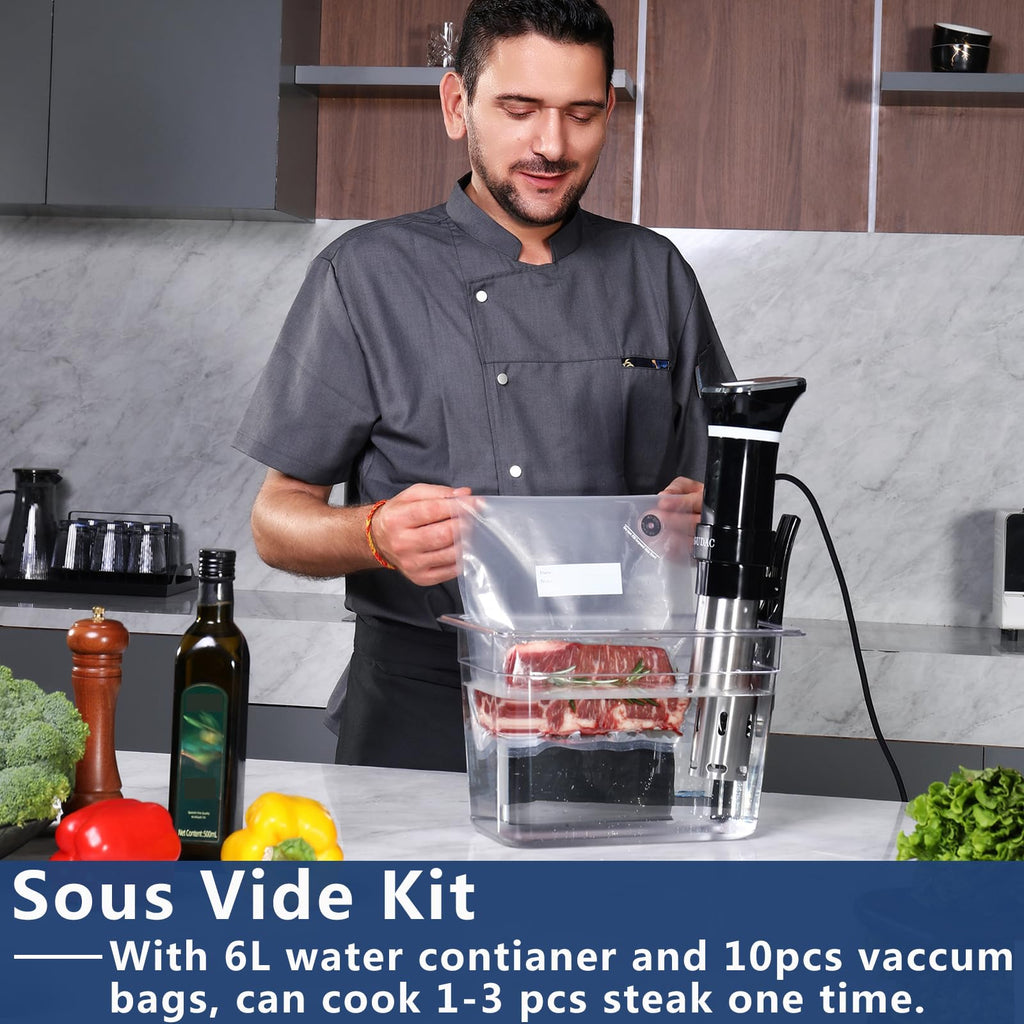 Gudac Sous Vide Precision Cooker, 1100 W, zestaw do gotowania Sous Vide, cyrkulator zanurzeniowy, z 6-litrowym pojemnikiem na wodę i 10 workami Sous Vide