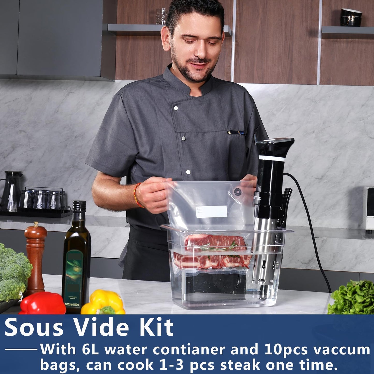 Gudac Sous Vide Precision Cooker, 1100 Watts, Sous Vide Machine Kit, Immersion Circulator, With 6L Water Container and 10pcs Sous Vide Bags