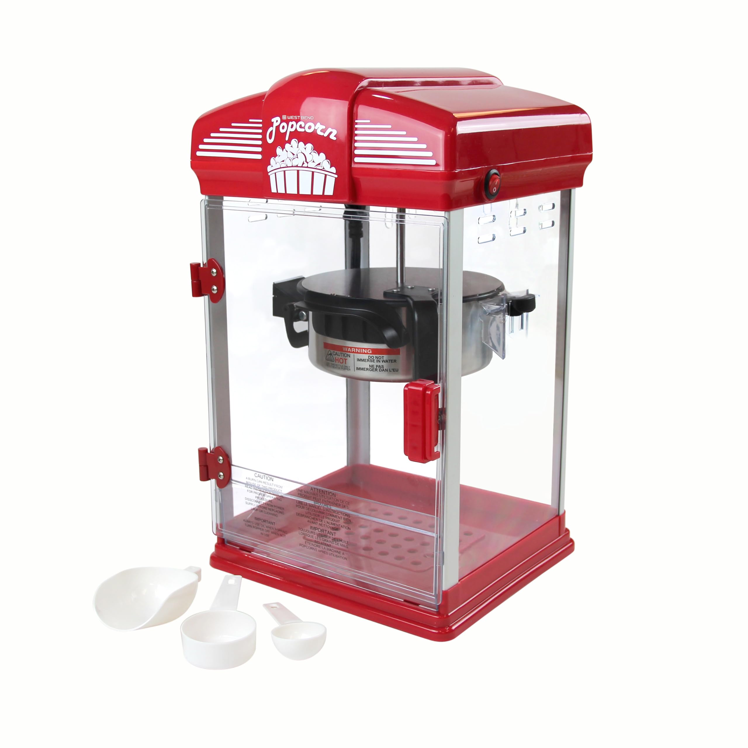 West Bend Stir Crazy Movie Theater Popcorn Popper z nieprzywierającym czajnikiem do popcornu, narzędziem pomiarowym i łyżką do popcornu do maszyny do popcornu Gourmet, 4 Qt., czerwony