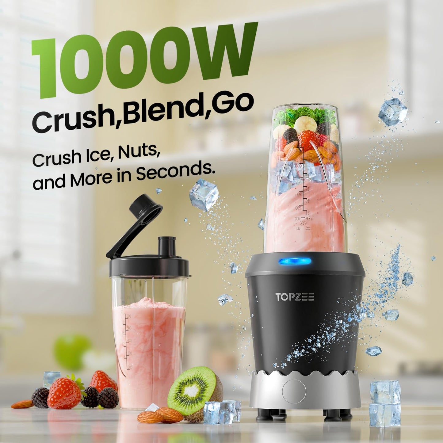 TOPZEE Blender for Smoothies, 1000W Slushie Machine, Bullet Blenders for Kitchen, Personal Portable Blender, Protein Shake Mixer with 24oz Easy Go Cups, Licuadora, Dishwasher Safe, Max 1200W