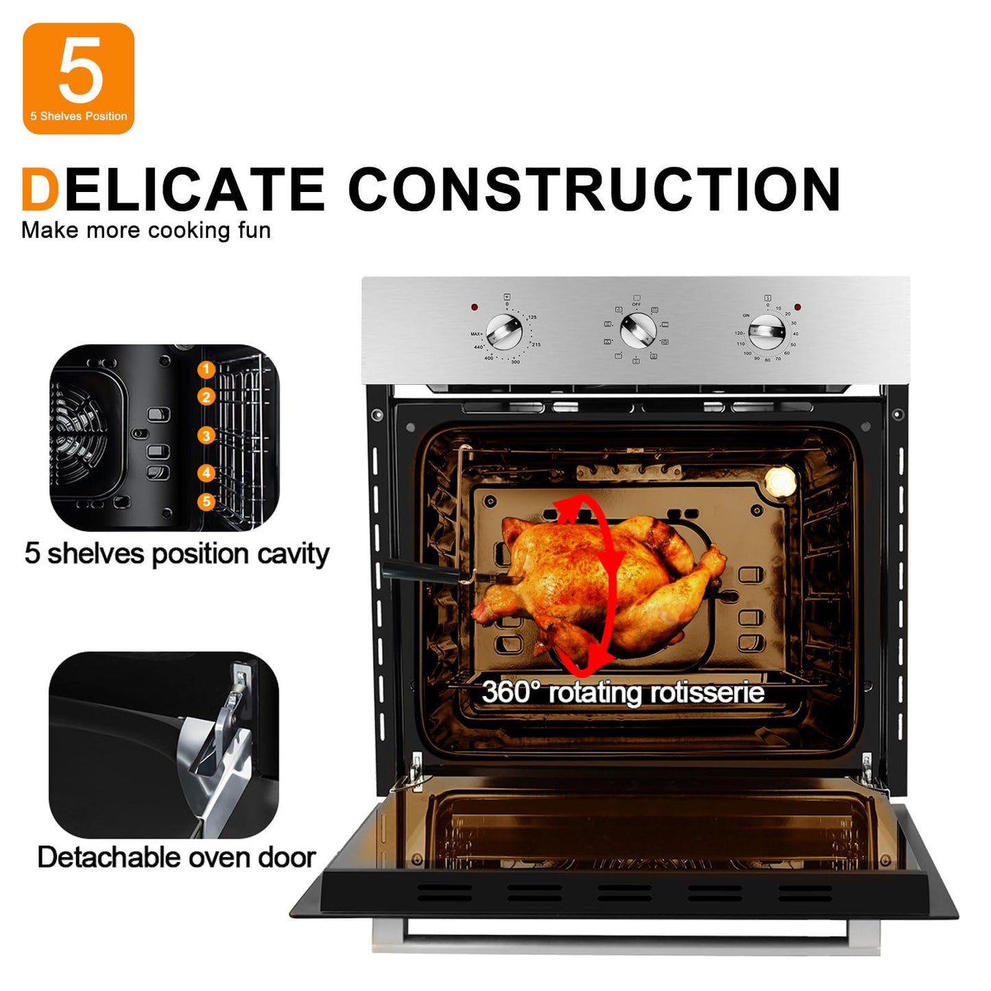 24 Inch Electric Oven, Built-in Single Wall Oven GASLAND ES609MSN, 240V 3200W 2.3Cu.ft Convection Oven with Rotisserie, 9 Cooking Modes, Mechanical Knob Control, Transparent Window, Stainless