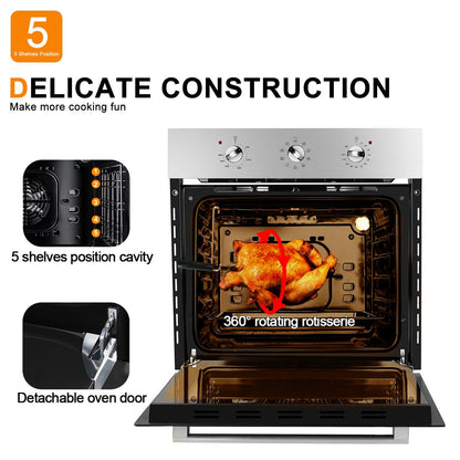 24 Inch Electric Oven, Built-in Single Wall Oven GASLAND ES609MSN, 240V 3200W 2.3Cu.ft Convection Oven with Rotisserie, 9 Cooking Modes, Mechanical Knob Control, Transparent Window, Stainless