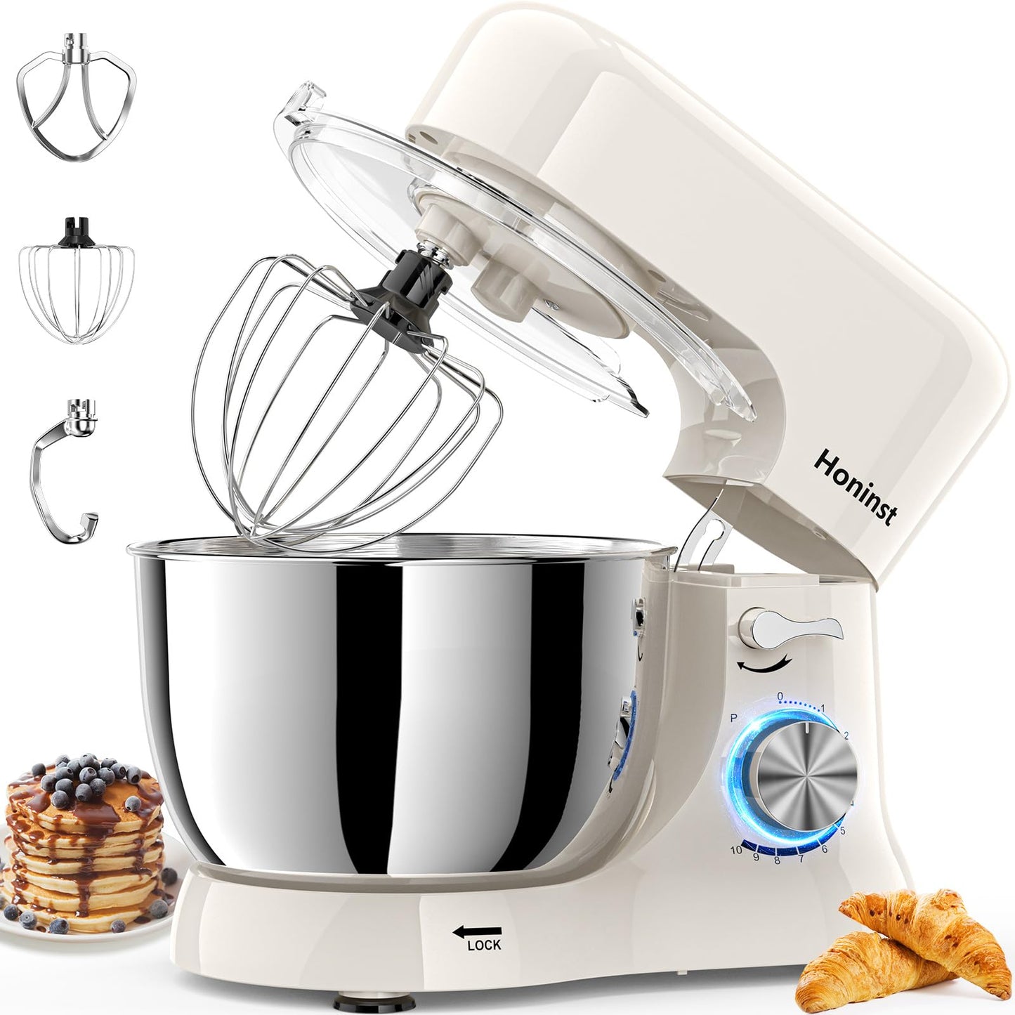 Honinst Stand Mixer，3-In-1 10-Speed 5.5QT Tilt-Head Food Mixer，Electric Mixer with Bowl, Dough Hook, Whisk and Beater，Kitchen Mixer for Baking, Cake and Most Home Cooks, Beige