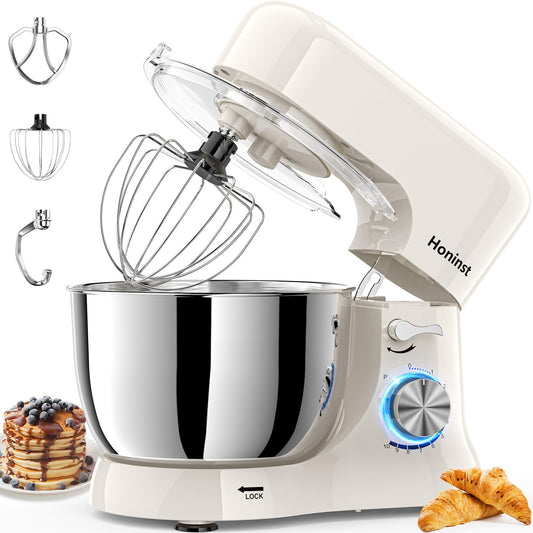 Honinst Stand Mixer，3-In-1 10-Speed 5.5QT Tilt-Head Food Mixer，Electric Mixer with Bowl, Dough Hook, Whisk and Beater，Kitchen Mixer for Baking, Cake and Most Home Cooks, Beige