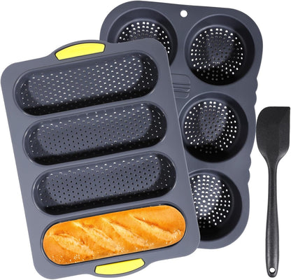 OMISTAR 3 PCS Silicone Baguette Pan and Hamburger Bun Pan Set,Non-stick French Bread Baking Mold,4 Wave French Bread Baking Tray,6 Cup Hamburger Bun Mold with Scraper