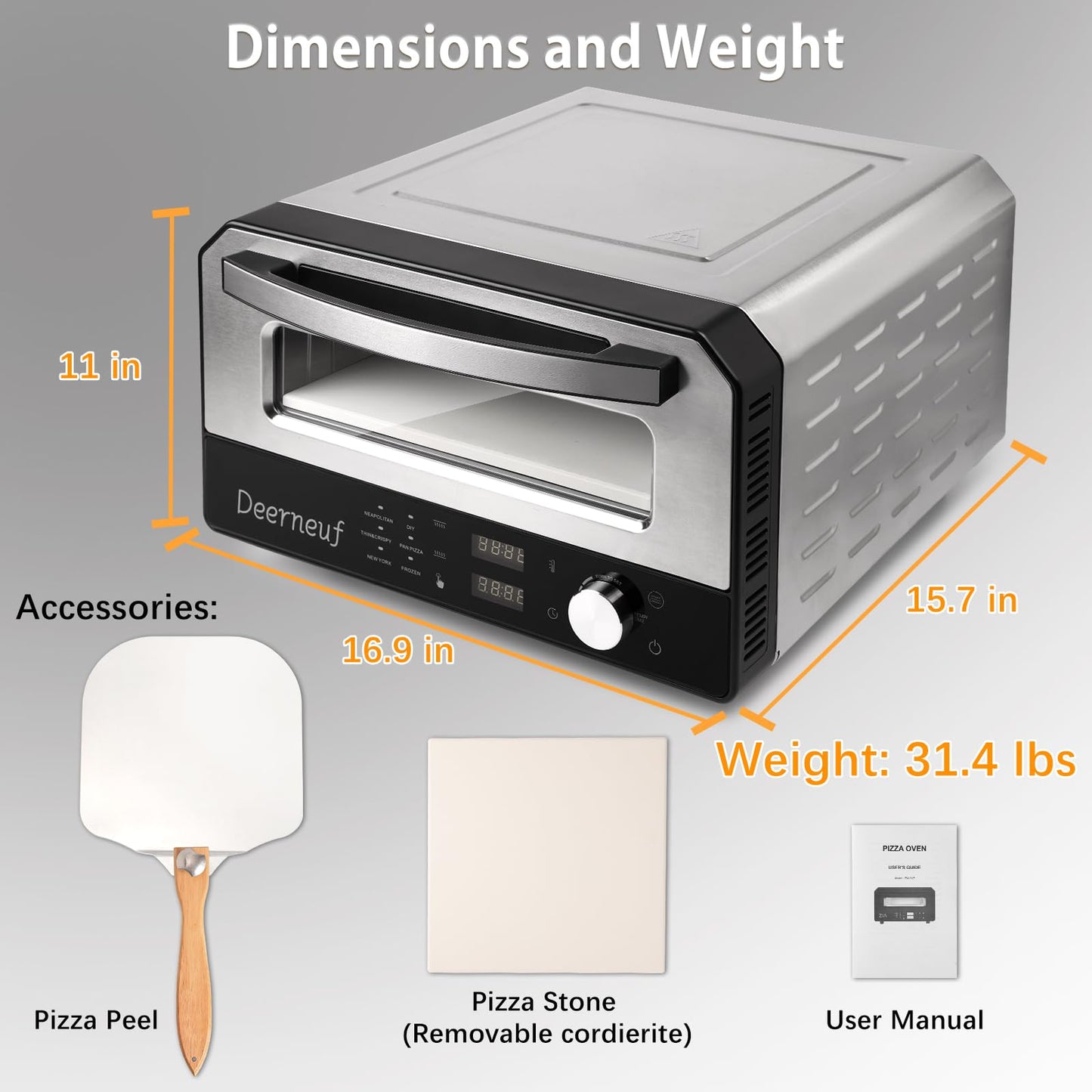 Electric Pizza Oven Indoor, Heats up to 800°F, 12” Pizzas in Minutes, Countertop Pizza Oven with 6 Touchscreen Presets, Pizza Stone and Pizza Peel Included,Stainless Steel Pizza Maker Machine for Home