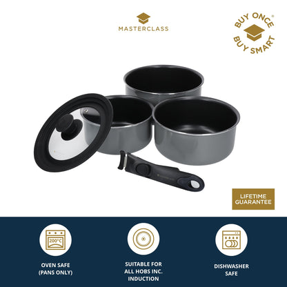 MasterClass Smart Space Non-Stick Induction-Safe Stacking Saucepans with Removable Handle and Universal Lid (5-Piece Set), 21 x 21 x 14 cm, Grey, 5 Count