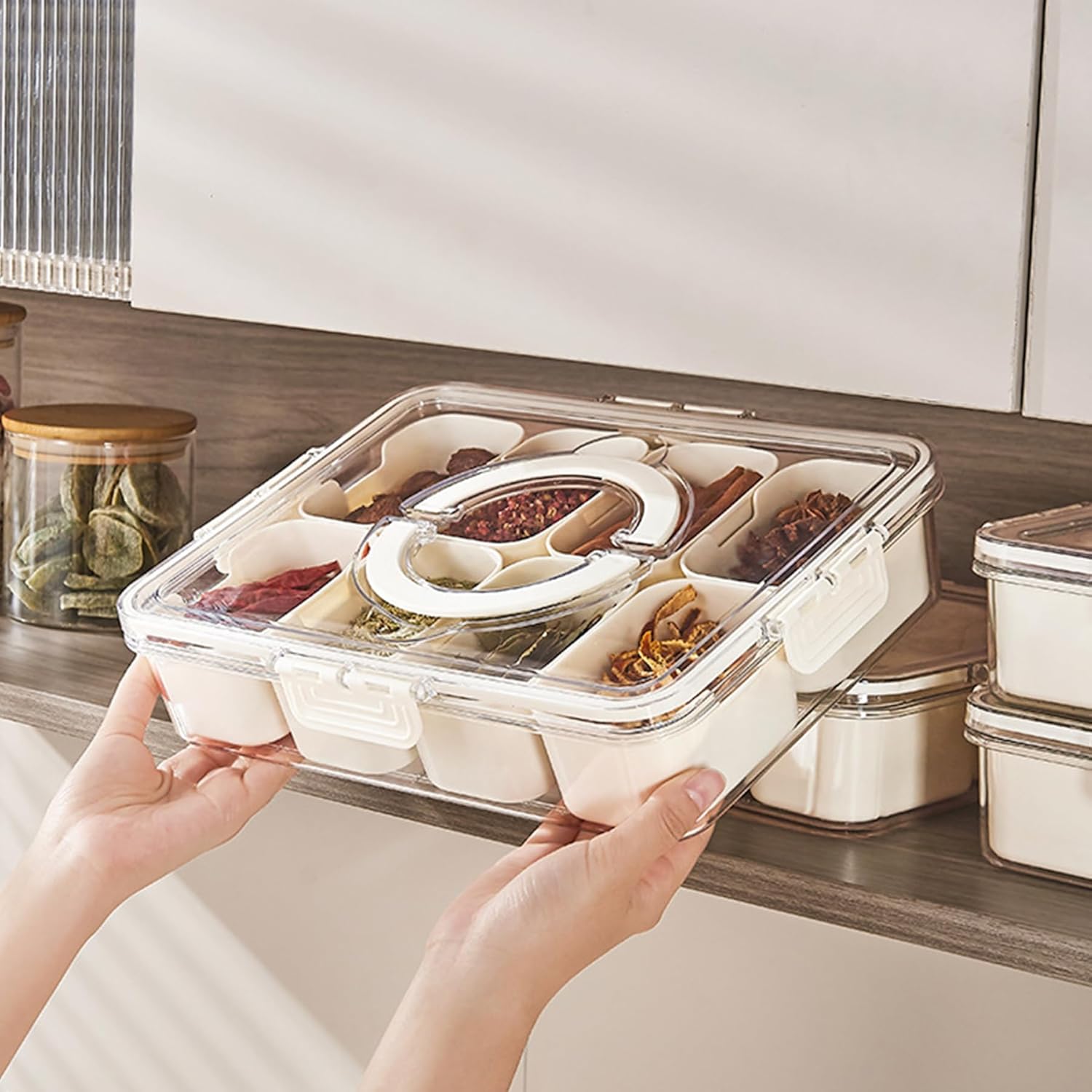 Plastic Divided Serving Tray with Lid and Handle Snack Box Charcuterie Container Portable Snack Platters Organizer for Candy, Fruits, Snacks, Nuts, for Party, Entertaining (White 8 compartments)