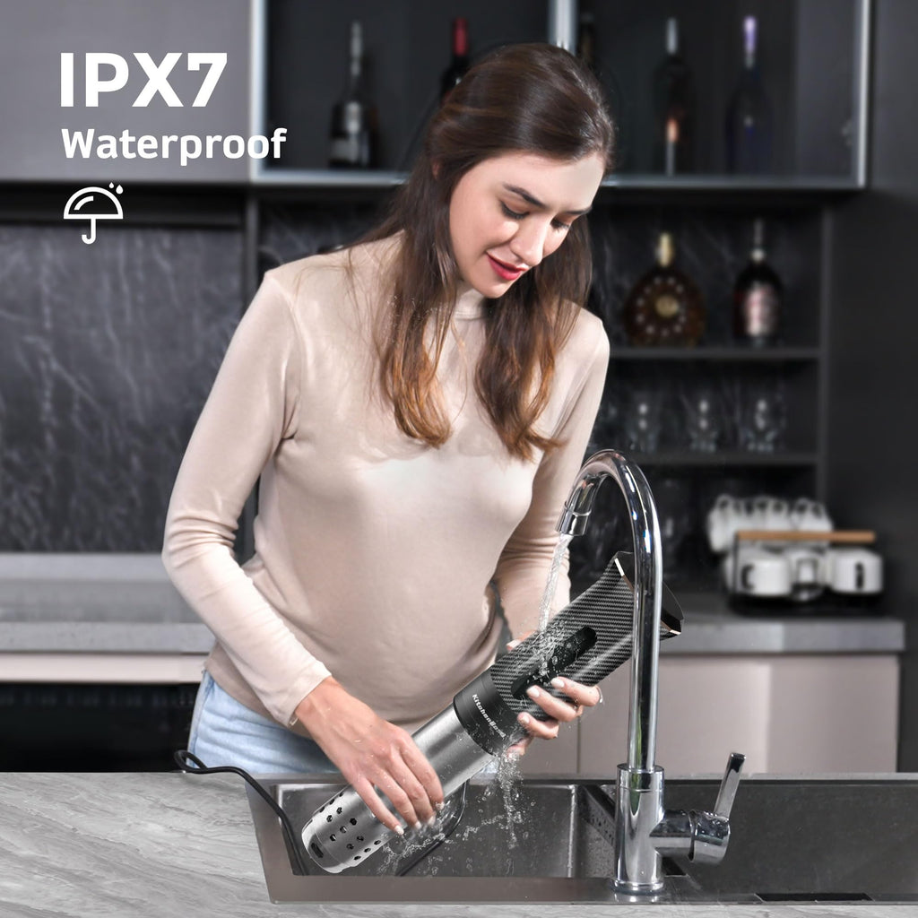 Машина KitchenBoss Sous-Vide Wifi: Ультратиха плита Sous-Vide із занурювальним циркулятором, керування за допомогою додатка, водонепроникна нержавіюча сталь IPX7, професійна прецизійна плита Sous-Vide потужністю 1100 Вт, чорна